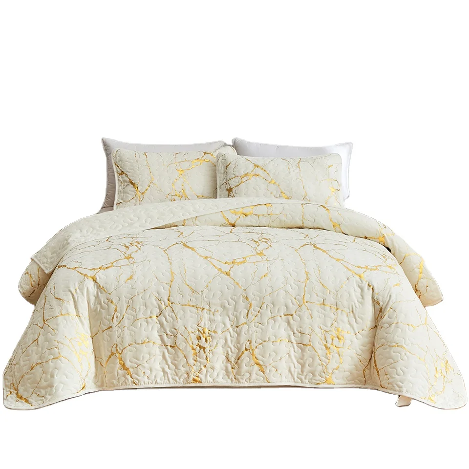 Manufacture Hot Eco-Friendly Marble Texture Mix with Gold Metallic Foil Printing Glitter Quilt Bedspread Coverlet Bed Cover Set
