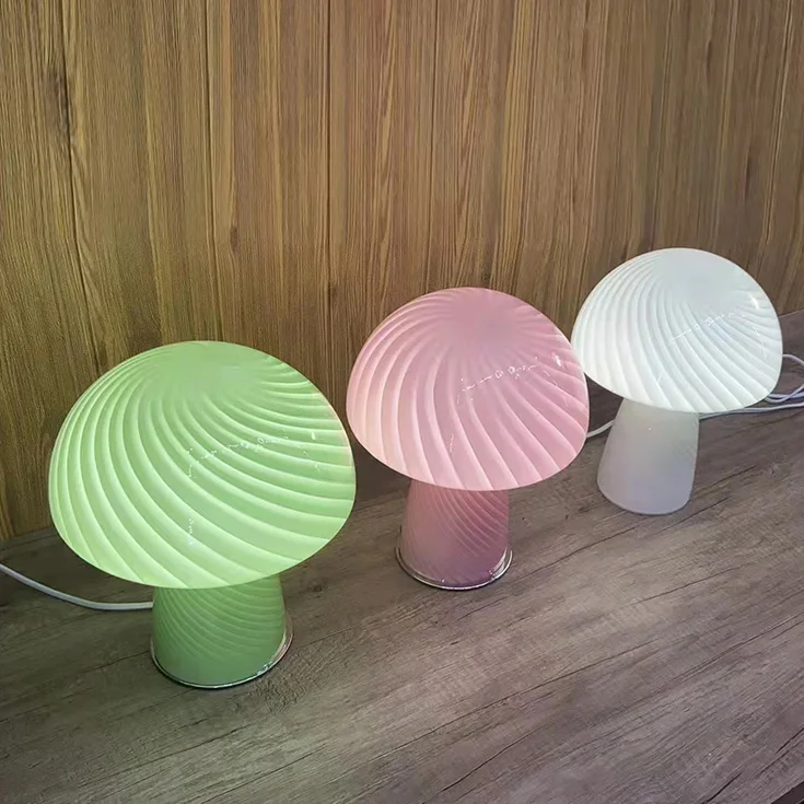 Large 1970s Mushroom Bedside Lamp Pink Glass Swirl