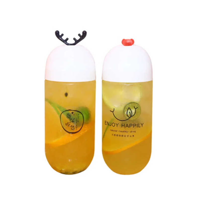 Hot Selling Capsule Shape Beverage Bottle Personalized Antler Stopper Transparent Plastic Bottle Creative Juice Bottle