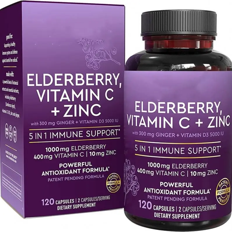 5 Immune Supporting Ingredients Elderberry Vitamin C D Zinc Ginger Capsules Supplement Daily Immune Support For Adults