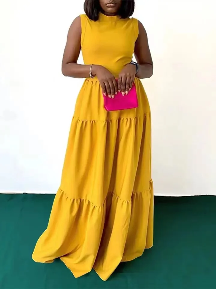 2022 New arrival Trending New African Women Solid Color Orange Large Swing Long Dress Lady O neck Sleeveless career dresses