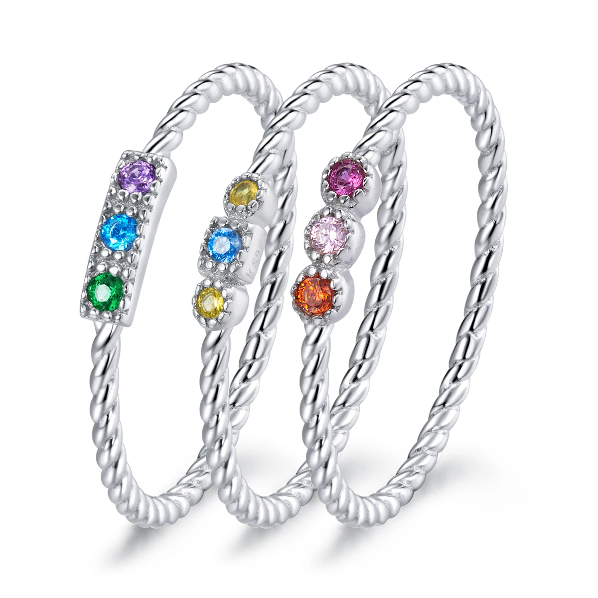 2021New sterling silver colorful zircon ring hemp rope texture minority temperament S925 silver ring
