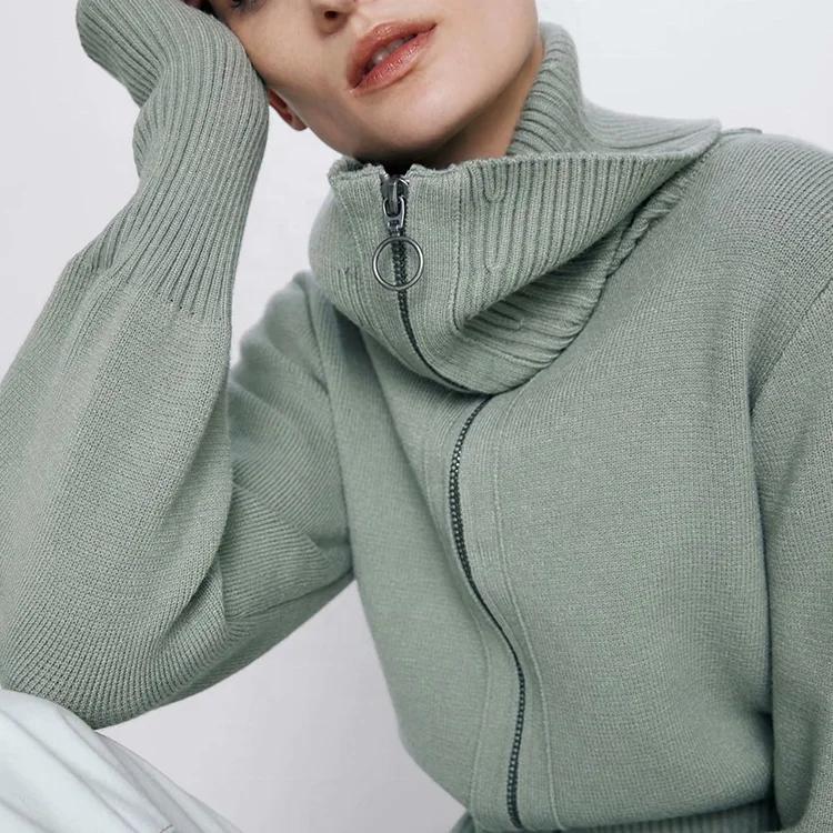 
Solid Zipper Up Women Tops 2021 High Neck Short Coats Ladies Womens Cardigans 