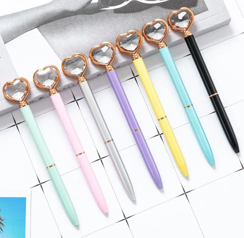 Fancy Heart 3D Crystal Rose Gold Twistable Promotions Black Ink Pen For School Office