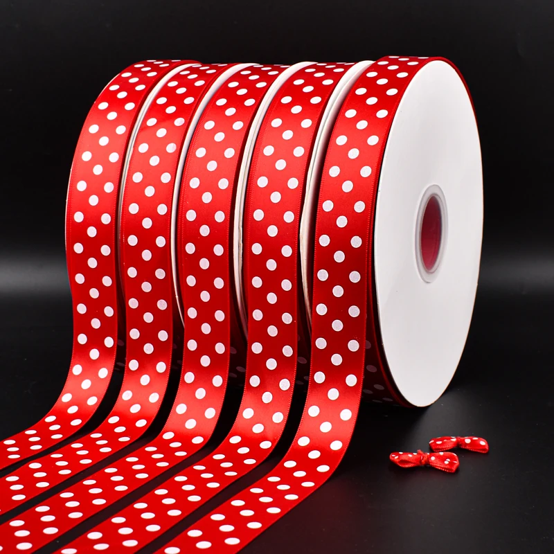 Customised Ribbon Roll White Polka Dot 25mm Satin ribbon With Logo Dot Printing ribbons