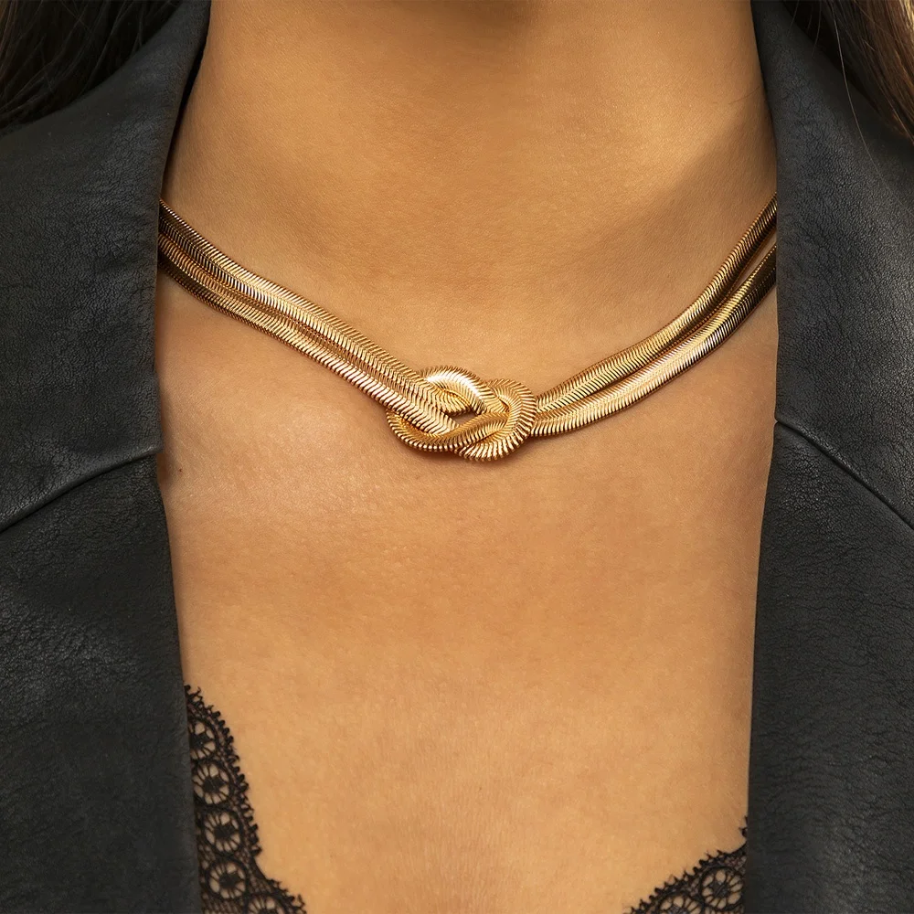 Hip Hop Punk Double Layer Snake Choker Gold Knot Herringbone Chain Necklace Women Jewelry