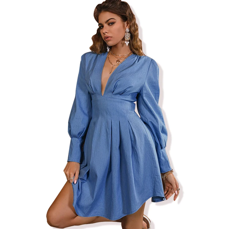 Женское джинсовое платье с длинным рукавом, однотонное облегающее хлопковое платье из денима с V-образным вырезом, длиной до колена, лето 2021