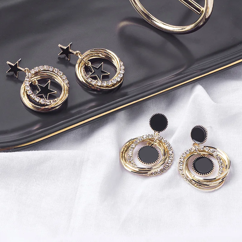 
fashion trendy black oil drop circle crystal drop gold earing star 