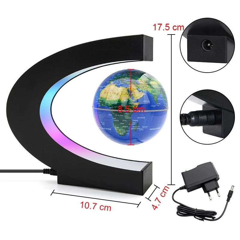 C Shape Magnetic Levitation Floating Globe Rotating With Light and World Map