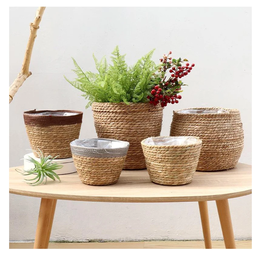 Handmade Woven Flower Basket Indoor Straw beautiful Decorate artificial plant pot wholesale indoor plant pot for plants