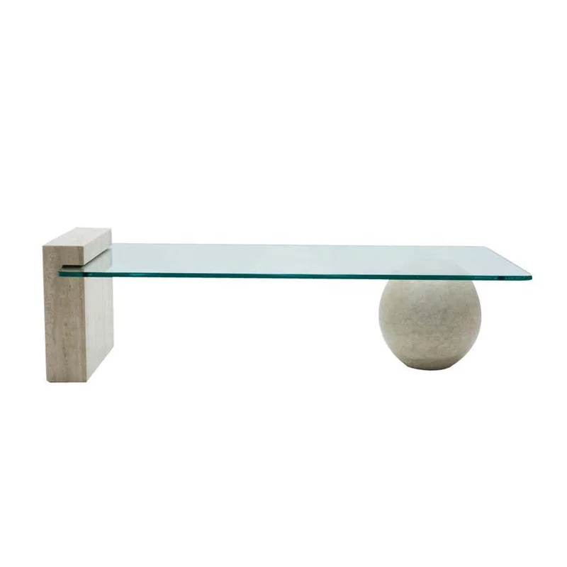 Italian minimalist natural stone tea table designer living room tempered glass small travertine coffee table