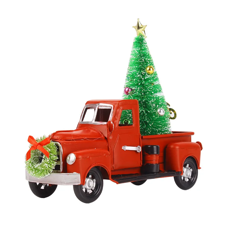 Christmas Toys Vehicle Vintage Red Truck Decor Handcrafted Red Metal Truck Car Model for Christmas Thanksgiving Decoration
