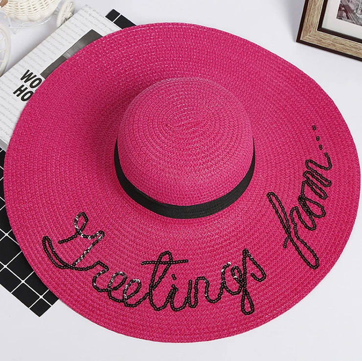 factory pink large brim paper straw beach straw hat with sequins female summer foldable sun hat with uv protection for women