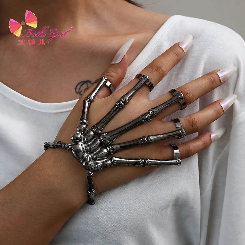 BELLEGIRL 2022 new design custom packaging finger rings Punk style skeleton hand bone adjustable five finger ring bracelet