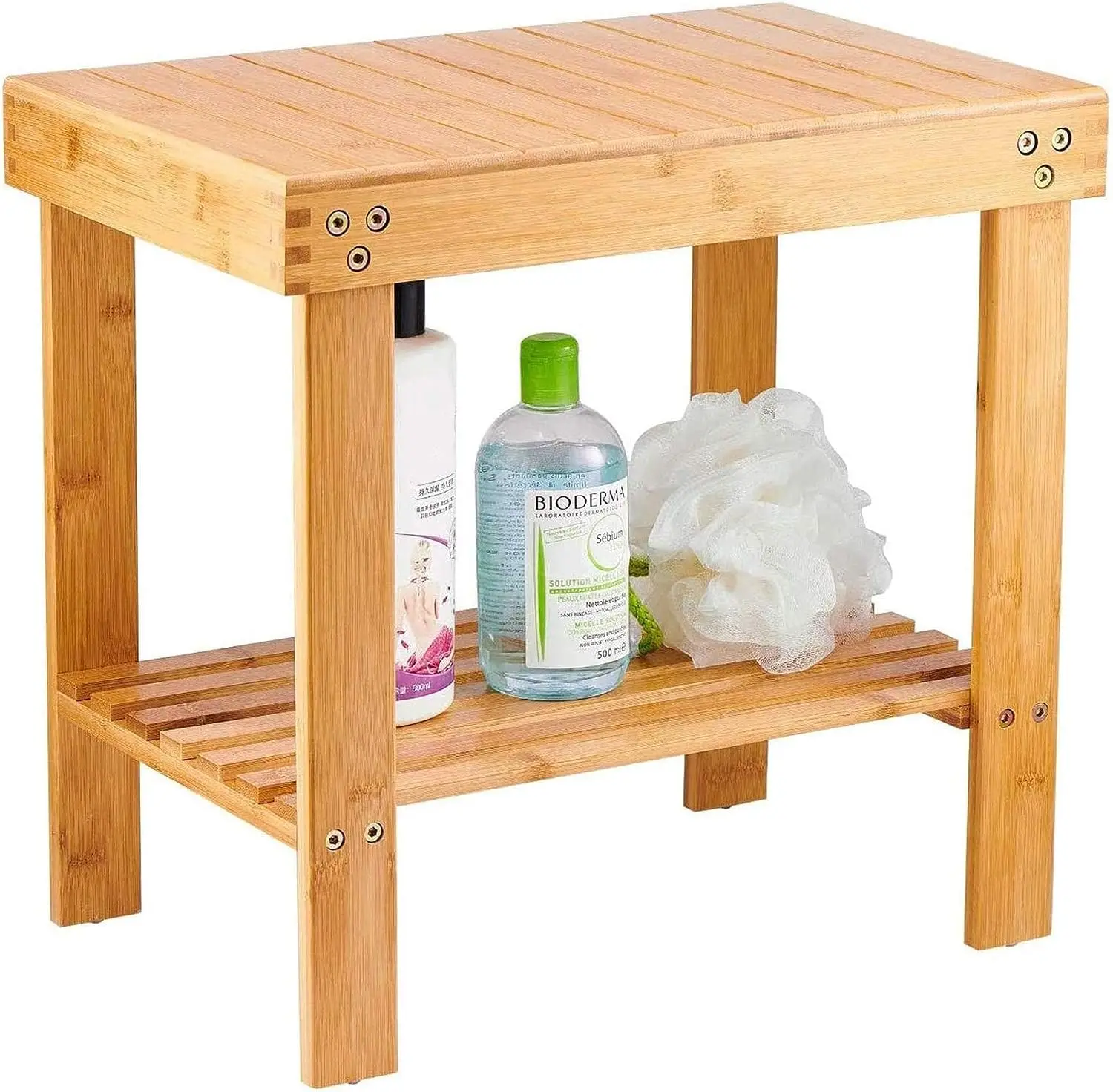 Bamboo Spa Bench Wood Seat Stool Foot Rest Shaving Stool with Storage Shelf for Bathroom Living Room Toilet Stool Bath Seat