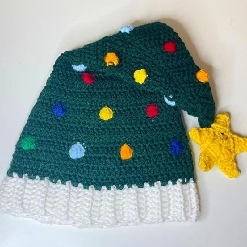 Unisex Christmas Winter Kids Knitted Crochet Beanie Bearded Caps Christmas Tree Knit Hat Warm Hat Green with Stars for Kids