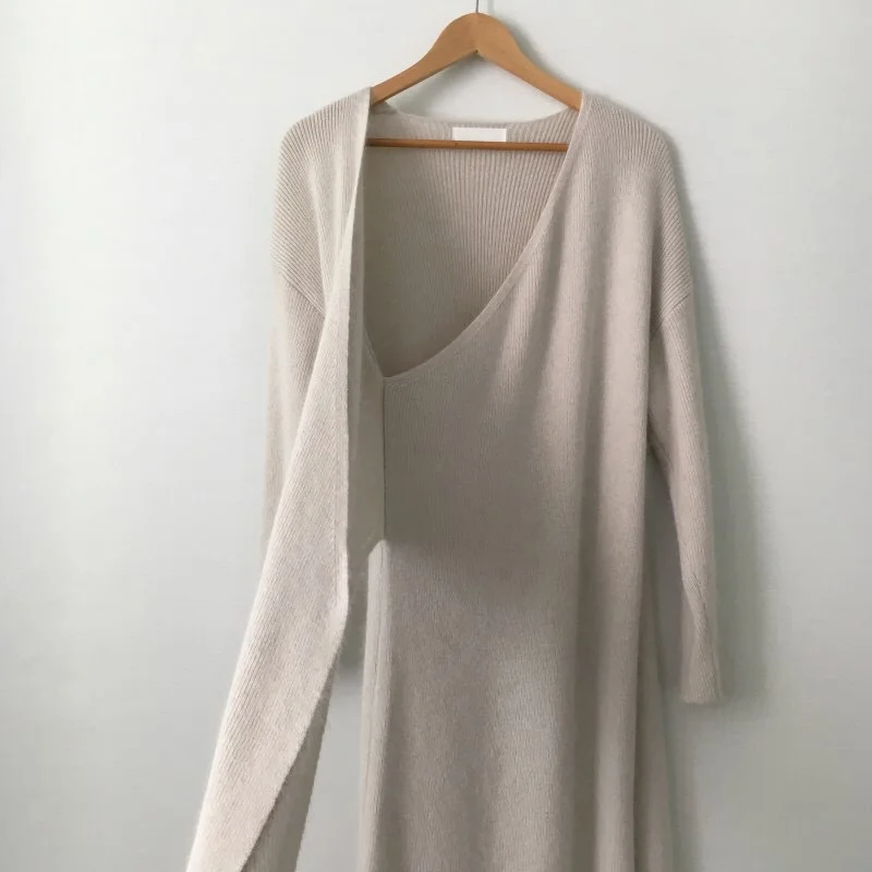 YT Winter New Belted Cashmere Sweater Dress Women Fashion Office Lady V Neck Korean style Knitted Dress