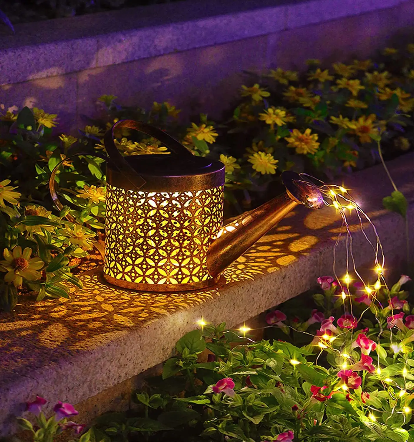 Solar water kettle lamp garden decorated with colorful lines hollow out solar lawn light villa iron art retro atmosphere lamp