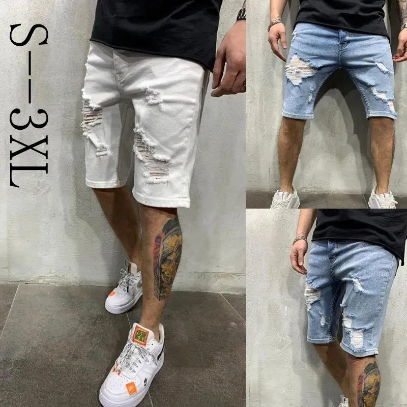 High Quality Men Cowboy Knee Length Men Fashion Ripped Jeans Short Pants Washed Denim Ripped Jeans Shorts