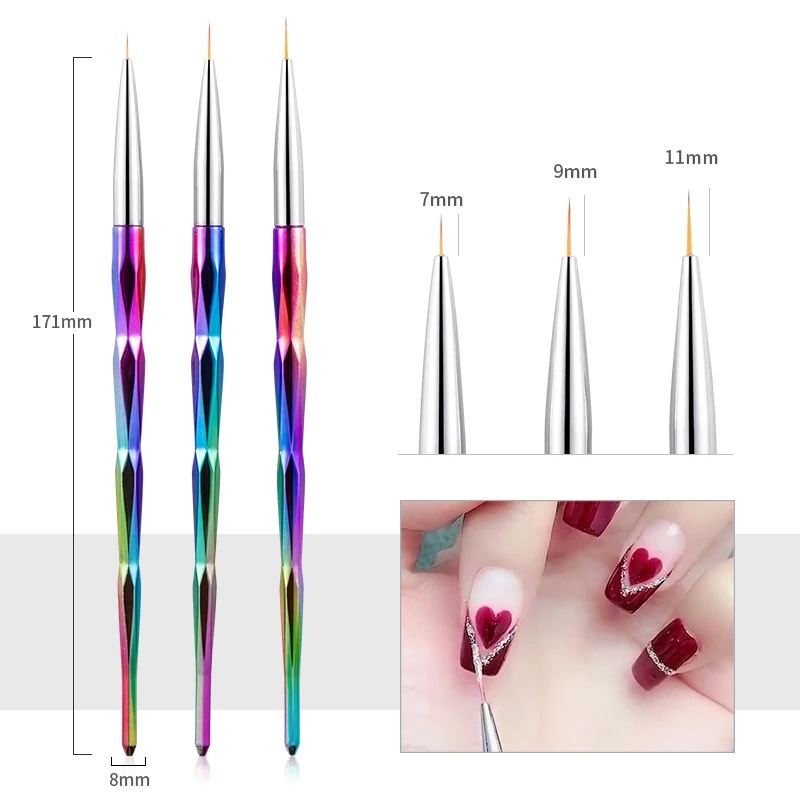 Nail Art Brush Rainbow Handle Stripes Liner Pen 7/9/11mm Flower Drawing Painting French Acrylic Tip Tape Design Manicure Tools