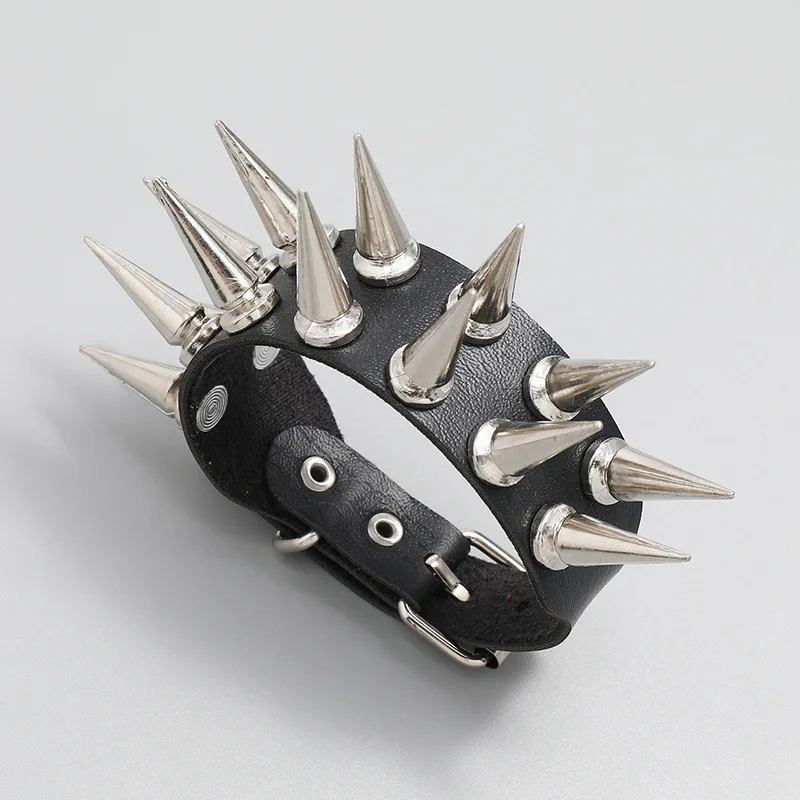 Two Row Punk Gothic Rock Wristbands Cuspidal Spikes Rivet Cone Stud Wide Leather Cuff Bracelet Charm Bangle Unisex Jewelry