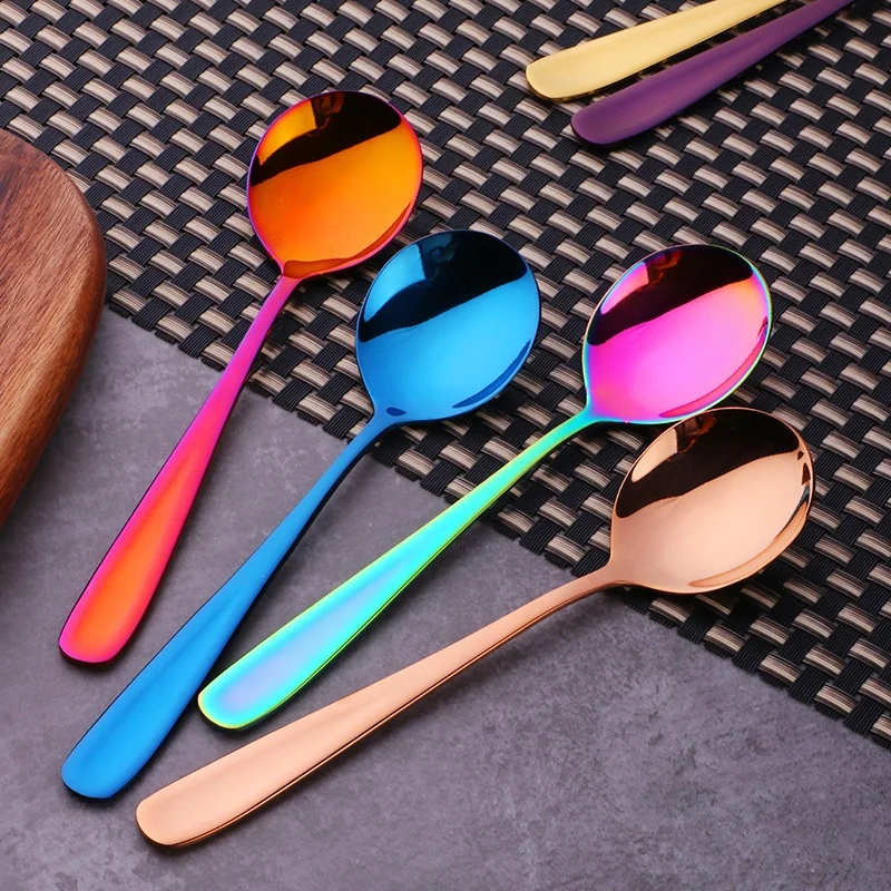Korean Style Stainless Steel 304 Multi Color Round Shaped Dinner Spoon Cute Style Big Size Gradient Color Gold Plated Soup Spoon