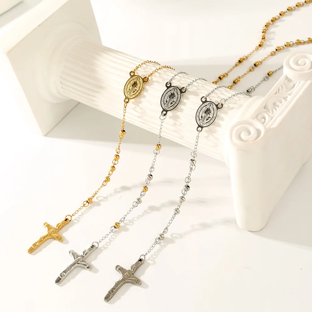 Stainless Steel Saint Benedict Medal Necklace Crucifix Catholic Virgin Mary Rosary Necklace Prayer Rosary Beads Cross Y Necklace