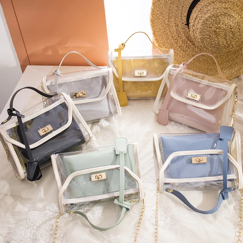 
Newest best price PVC transport crossbody hand bag women in summer small bags with mini leather pocket and chain strap for girls 