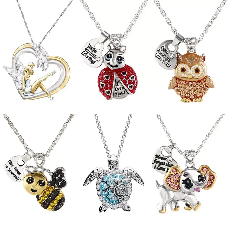 Fashion Crystal Animal Silver Color Alloy Necklace Cute Owl Bee Angel Turtle Heart Cross Elephant Pendant Necklace Women Jewelry