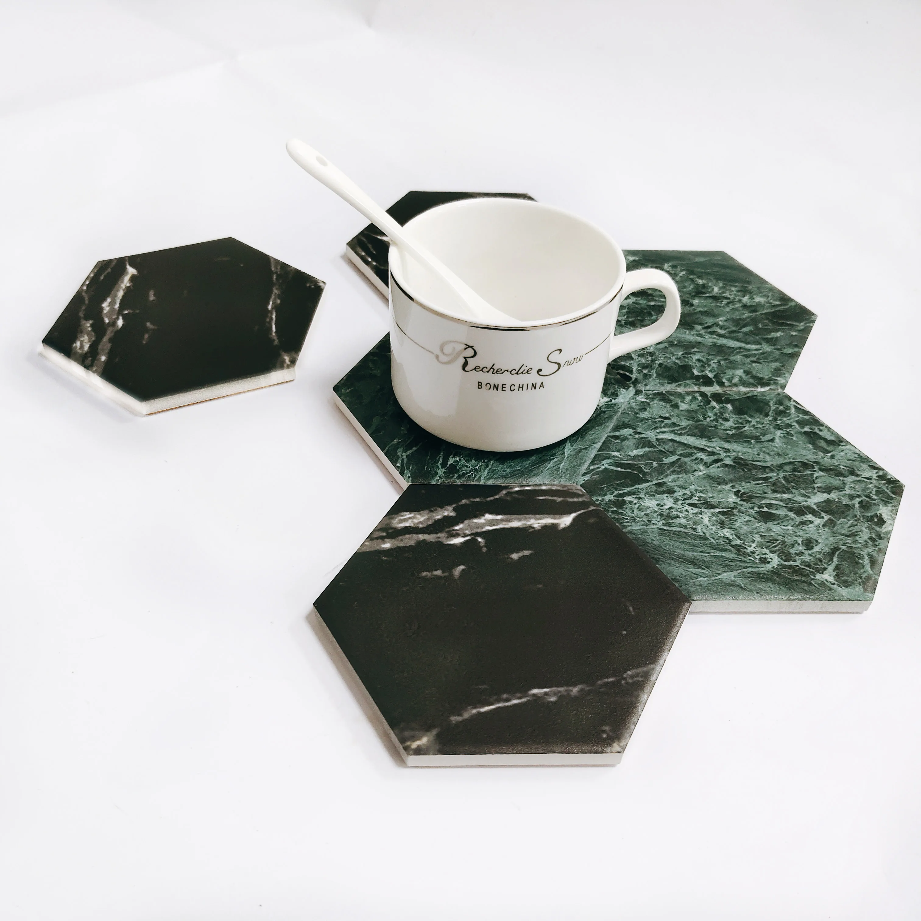 XS ltd. Non-Slip Custom Absorbent Marble Mat with Rose Gold Candle Holder Marble Ceramic Coaster