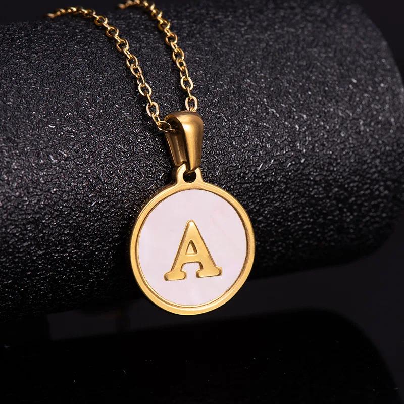Personalized stainless steel gold plated A-Z 26 initial letters women lovely pink shell round pendant necklace