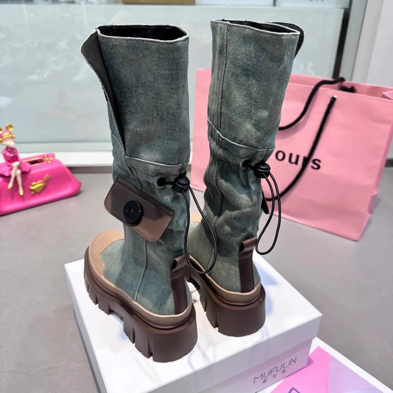 PDEP  denim boots women shoes 2023  New Canvas Thick Sole Round Head Comfortable ladies knee high long boots