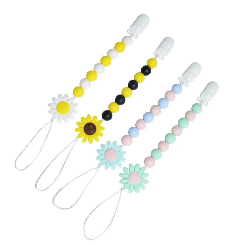 2022 high quality custom flowers teething packaging personalised clip chain beads dummy bulk silicone baby pacifier clip