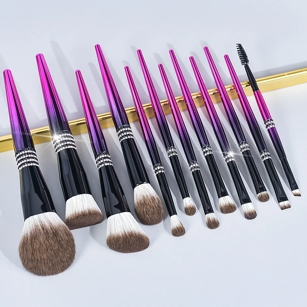 12pcs Luxury glitter diamond bling private label makeup brush metal classic gradient purple blue brush custom logo makeup brush