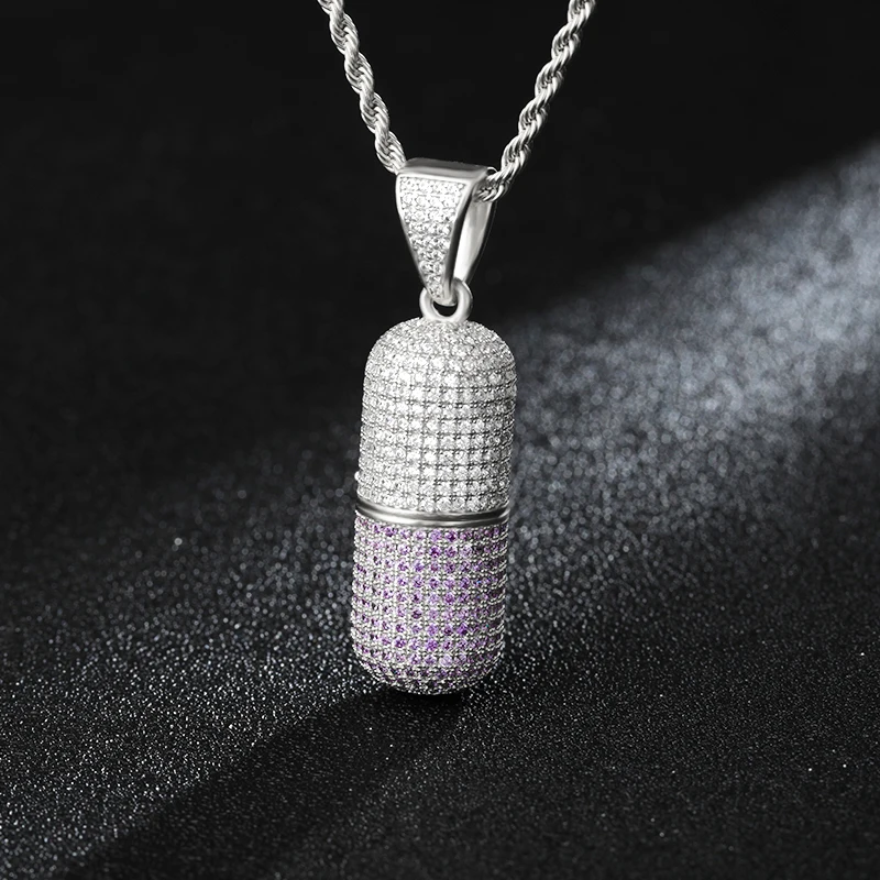 DUYIZHAO Hip Hop Pendant with 3mm Stainless Steel Rope Chain  Gold Plated Micro Pave CZ 3D Pill Capsule Removable Pendant