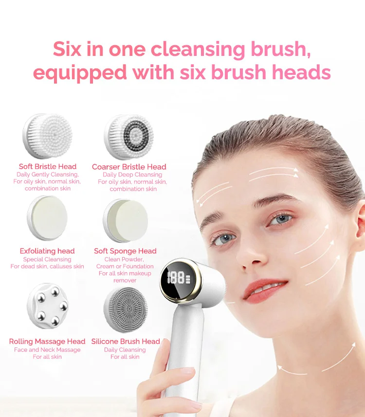 6 in 1 Face Deep Cleaning Brush Waterproof Rechargeable 360 Rotation Electric Facial Cleansing Brush with Heat/Cold Compress