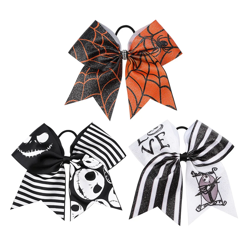 Designer hair accessories Halloween holidays printing skull spider  hair ties big bow elastic hair bands for kids