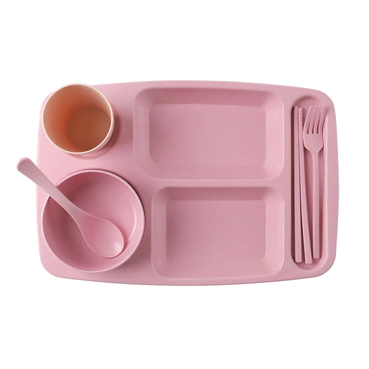 Lightweight Fiber Wheat Straw Plates Bowls Cutlery Set Dinnerware, Microwave and Dishwasher Safe Plastic Tableware Set for Kids