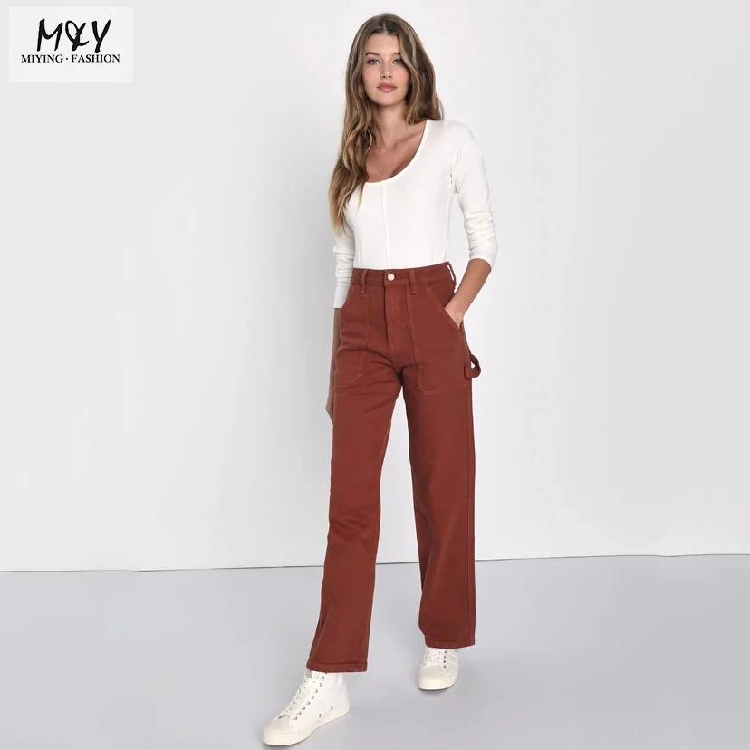 Custom fashion casual solid color straight tube women trousers pants Perfect Idea Rust Brown High Rise Slim Leg Carpenter Jeans