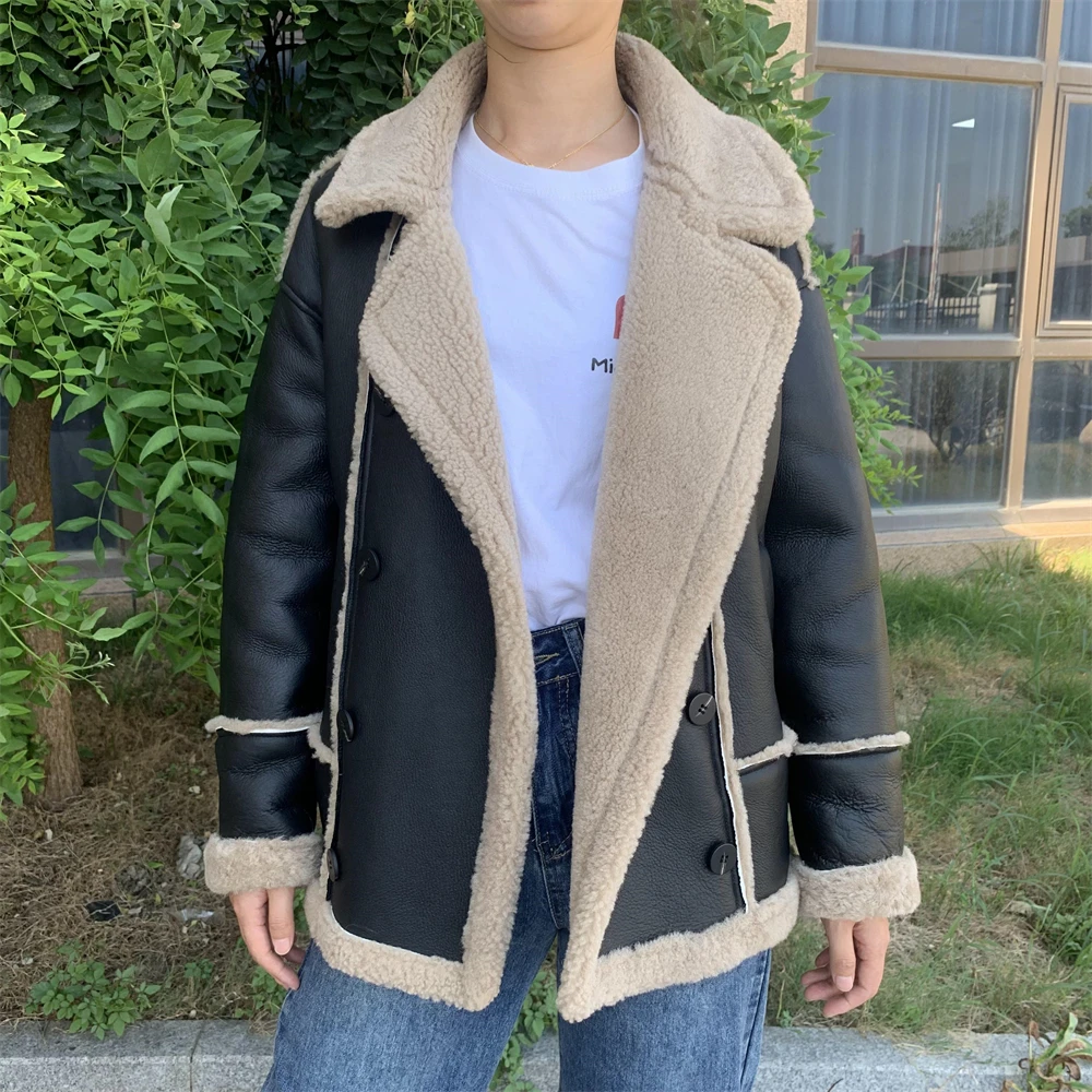New Style Winter Warm Thick Shearling Jacket With Lamb Fur V-neck Belt Design Women Genuine Leather Shearling Sheepskin Coat