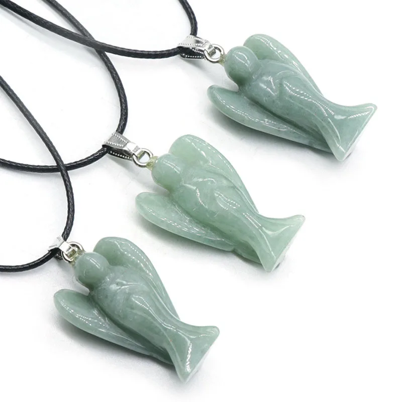 Wholesale natural crystal agate jade raw stone polished guardian angel carved jewelry leather rope pendant necklace