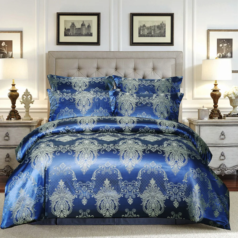 Blue Luxury Satin Silk 2/3pcs Jacquard Bedding Set High Quality Duvet Cover Sets Twin Queen King All Season Quilt Bedding Sets