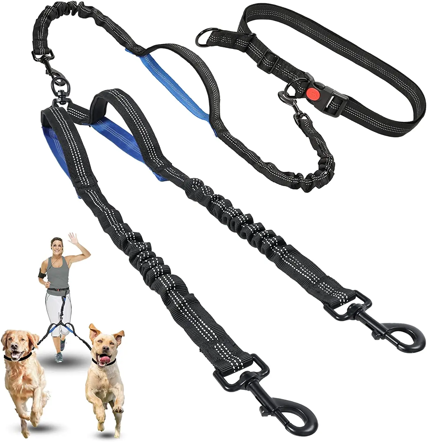 NIBAO Double Dog Leash Large Dogs Hands Free | 2 Dog Leash No Tangle | Waist Leash for Walking Two Dogs