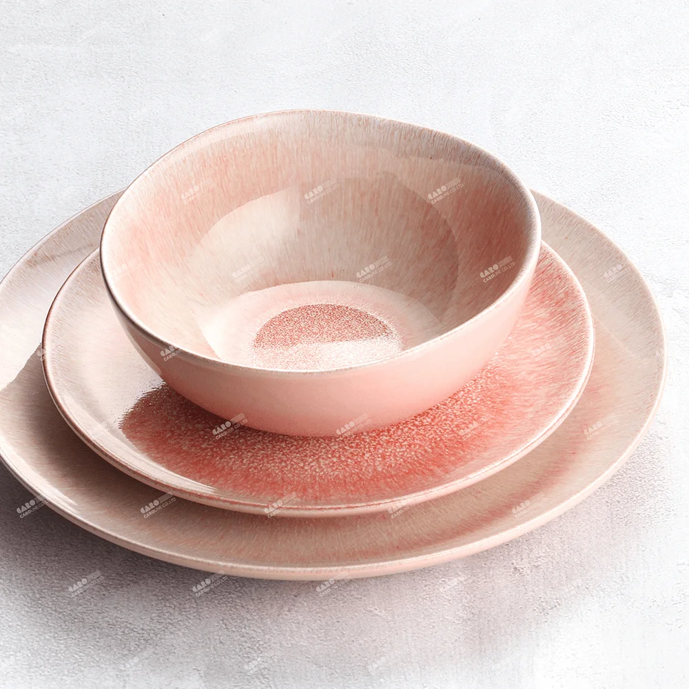 Caroline Design Pink Enamel Ceramic Tableware Dishes and Plates Set for Everyday
