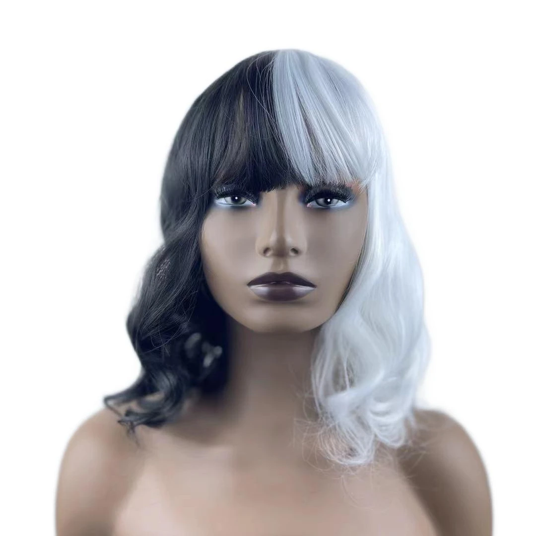 Black and white double bangs micro curl large wave medium and long curly hair synthetic fiber high temperature resistance