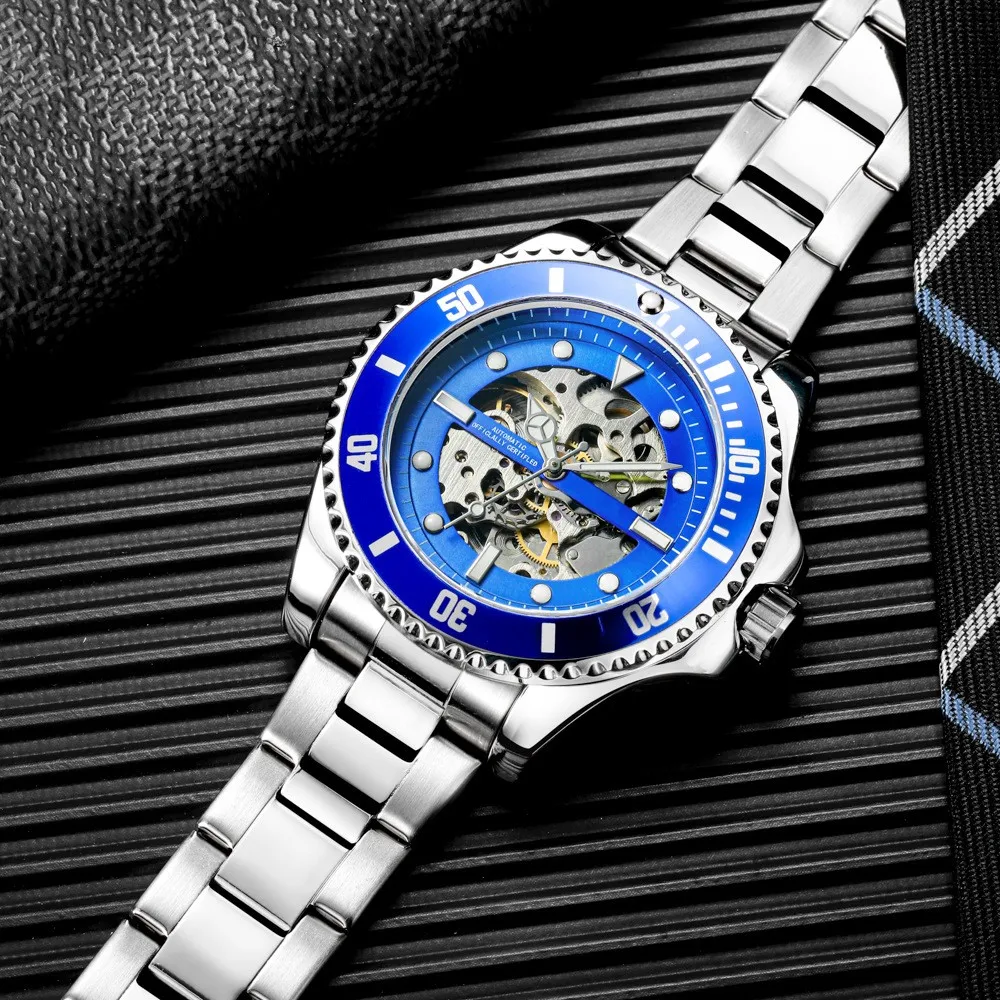 Best Selling Men Luxury Watches Stainless Steel Strap Skeleton Black Dial Wrist Mechanical Automatic Watches