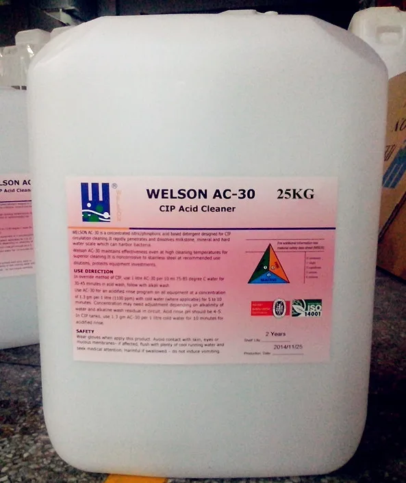 Concentrated non foaming acid based detergent use in automated CIP systems for acid detergent food grade detergent