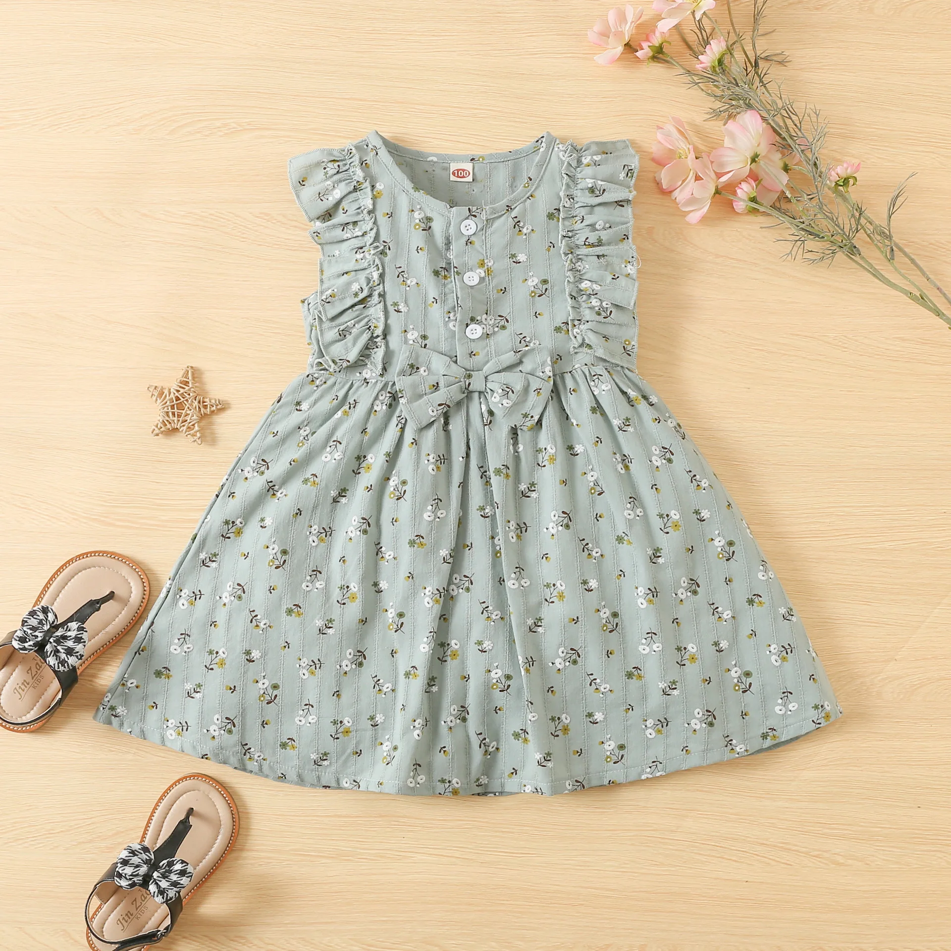 2022 Toddler Baby Girls Sleeveless Ruffles Floral Printed Bowknot Princess Dress New Summer Casual Newborn Infant Clothing