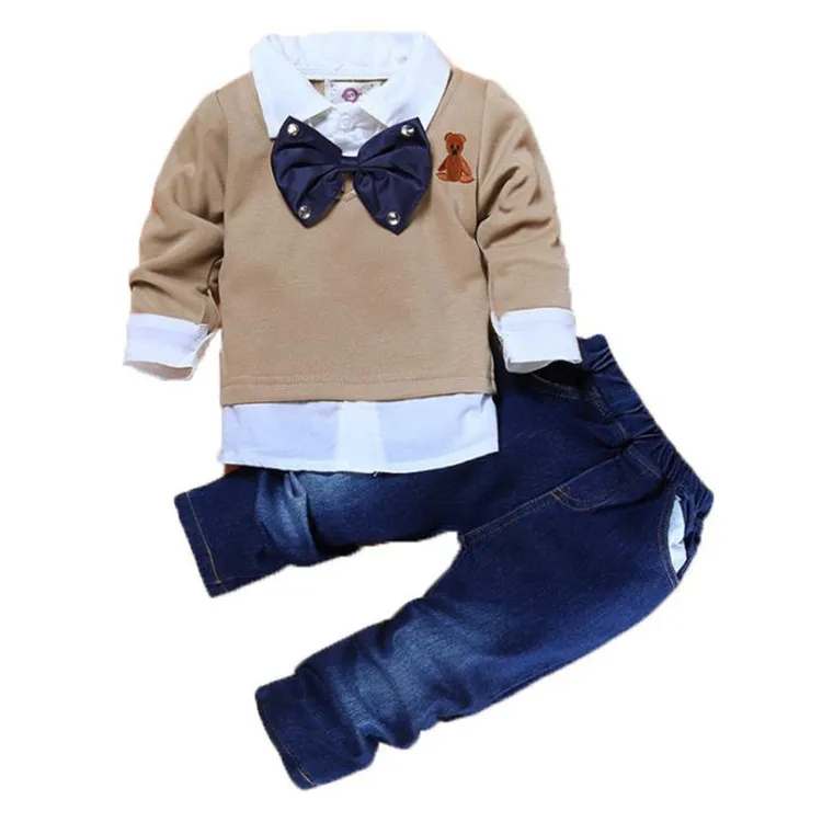 Комплекты одежды для мальчиков одежда маленьких пуловер с длинным рукавом и джинсовые брюки комплект из 2 предметов детская на осень весну Детский костюм