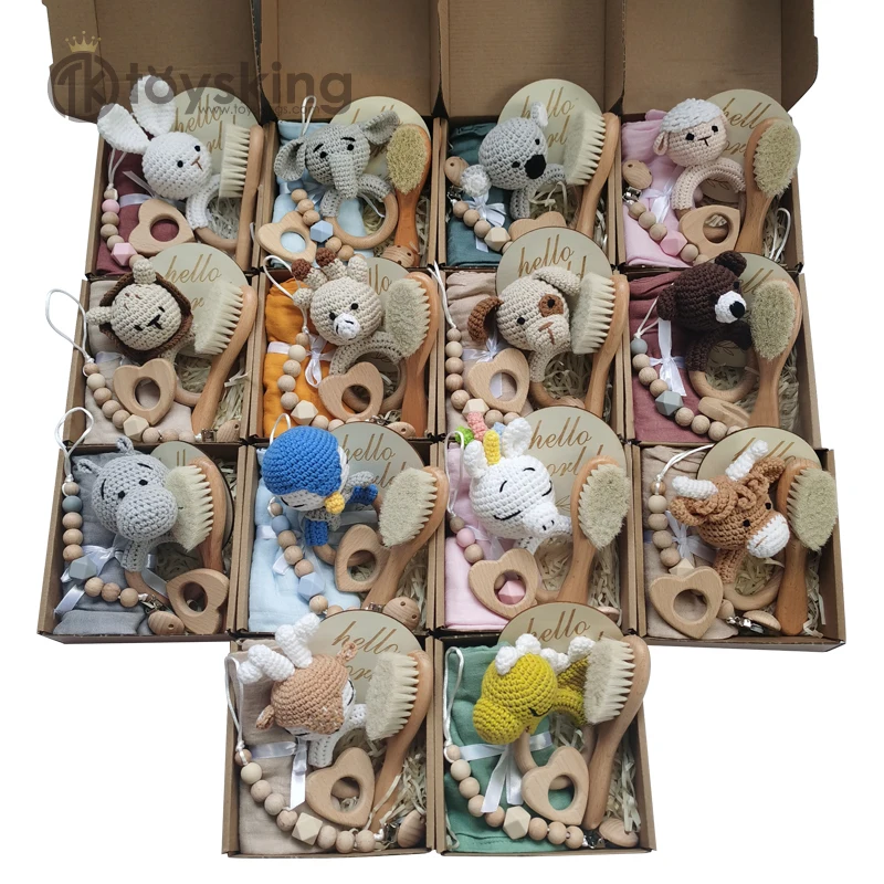 BPA Free Crochet Baby Teether Doll Beech Wood Newborn Teether Ring Pacifier Clip Baby Milestone Birth Gift Box 6pcs/set